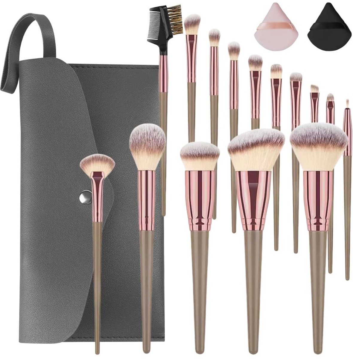 Professionele make-upkwastenset 15-delig – Foundation, poeder, oogschaduw, concealer en meer – Met opbergtas