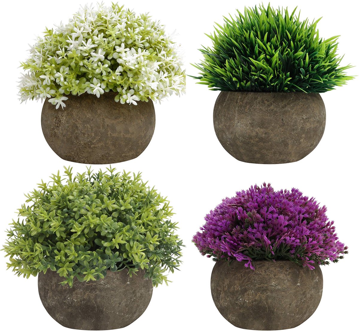 SolidChoice - Kunstplanten Set - Decoratieve Neppotplanten - Mini Binnen en Buiten - Groen, Paars en Wit - Perfect voor Thuis en Kantoor - 4 Stuks