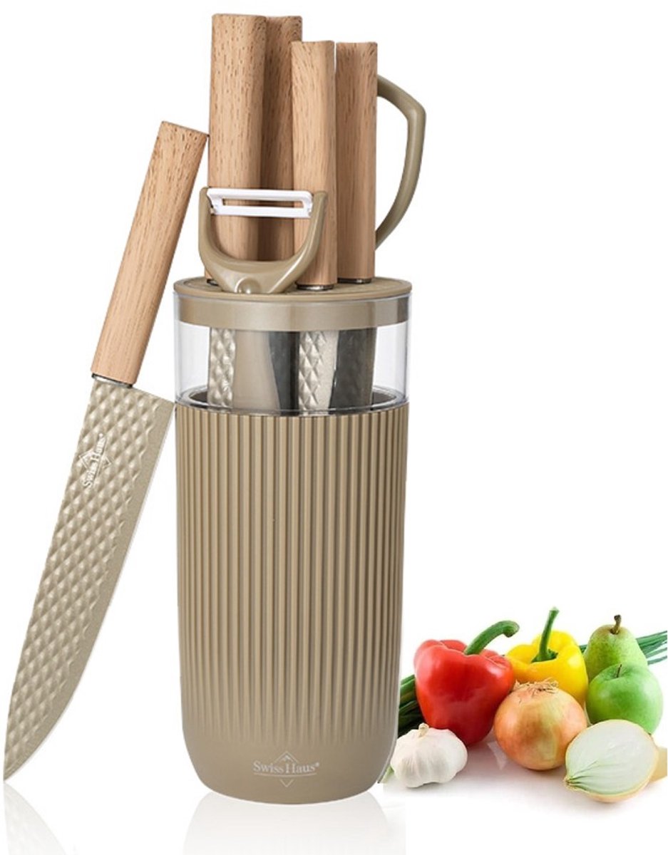 Swiss Haus® KS8CH Messenset Met Blok – 8 Delige Professionele Keukenmessen Set - Inclusief Schaar & Dunschiller – Antiaanbaklaag – Beige