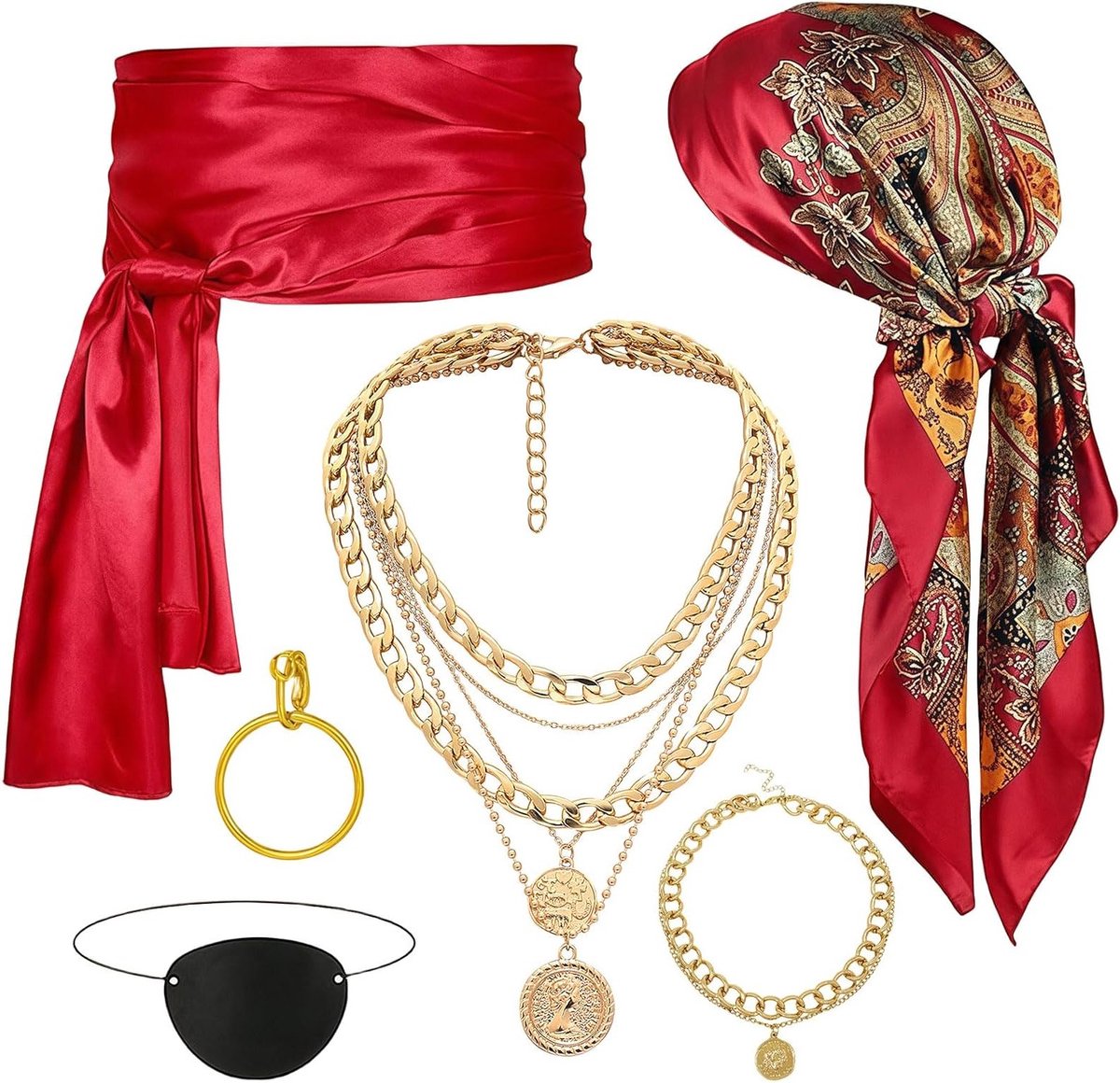 Set van 6 Piratenaccessoires voor Vrouwen, Middeleeuwse Piratenkostuum met Neckerchief, Riem, Oorbellen, Ooglap, Ketting en Armband voor Halloween, Carnaval en Cosplay Feesten