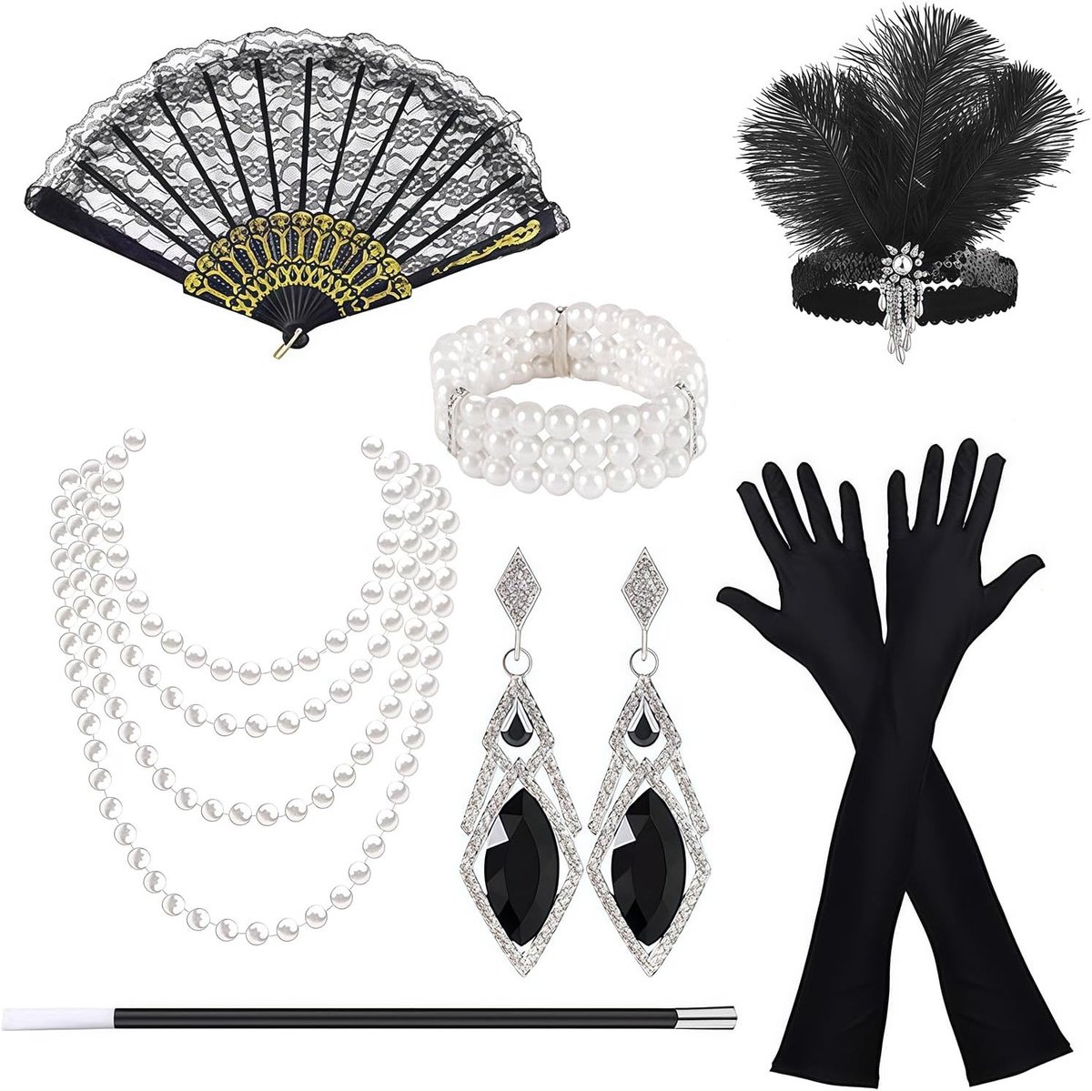 7-delige Accessoireset voor Vrouwen in de Jaren 20 met Hoofdband, Oorbellen en Parelketting voor Halloween en Kerstfeest