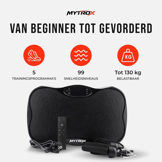 Zwarte Mytrox trilplaat met 5 programma's, 99 snelheden en 130 kg belastbaar.