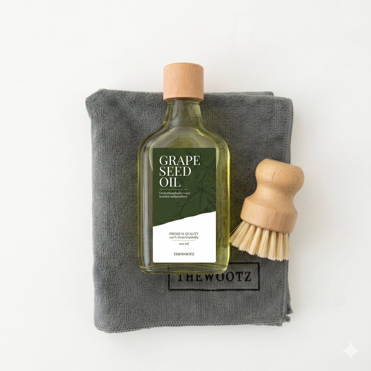 TheWootz Onderhoudsolie pakket Snijplank – 100% Druivenpitolie 200ml + Doek + Borstel – Compleet Onderhoud voor Houten & Bamboe Snijplanken