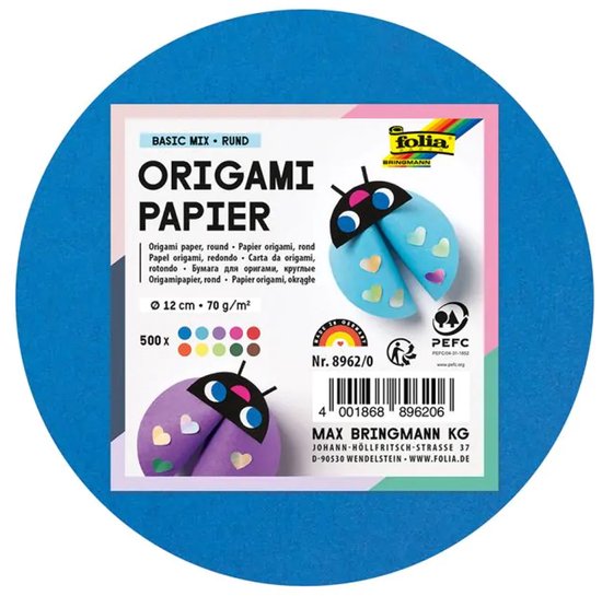 Pakje rond origami papier met afbeeldingen van een blauw en paars papieren lieveheersbeestje.