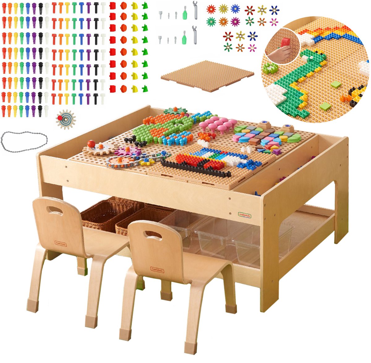 Masterkidz Houten Educatieve Tafel + Stem Wandaccessoires + 135 Blokken - UNI
