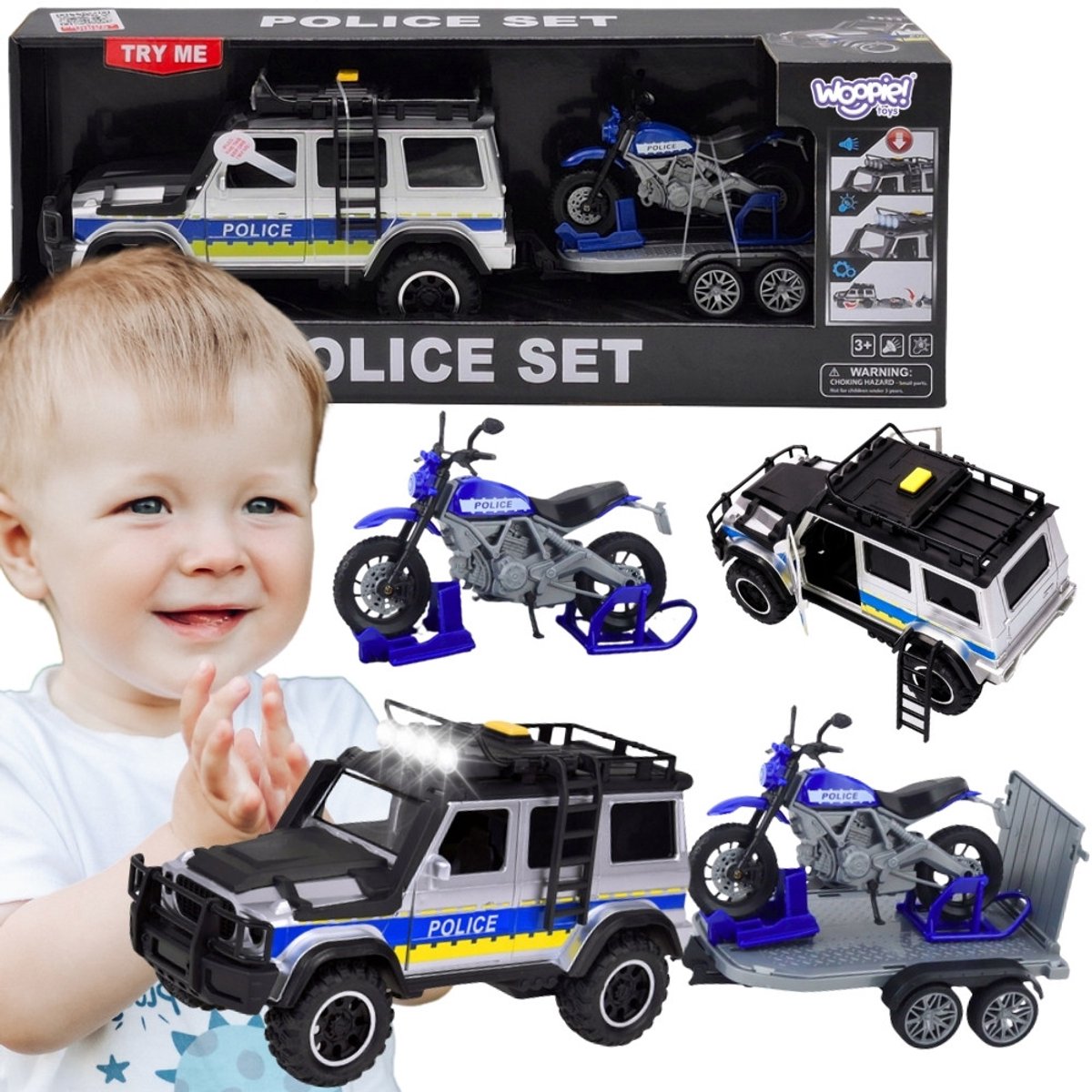 Woopie Politie Off-road Voertuig Met Motorfietsaanhanger Set - UNI
