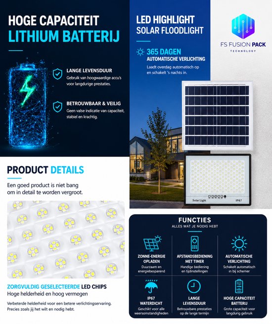 LED zonneschijnwerper met hoge capaciteit lithiumbatterij en 365 dagen automatische verlichting. Duurzaam, waterdicht IP67.