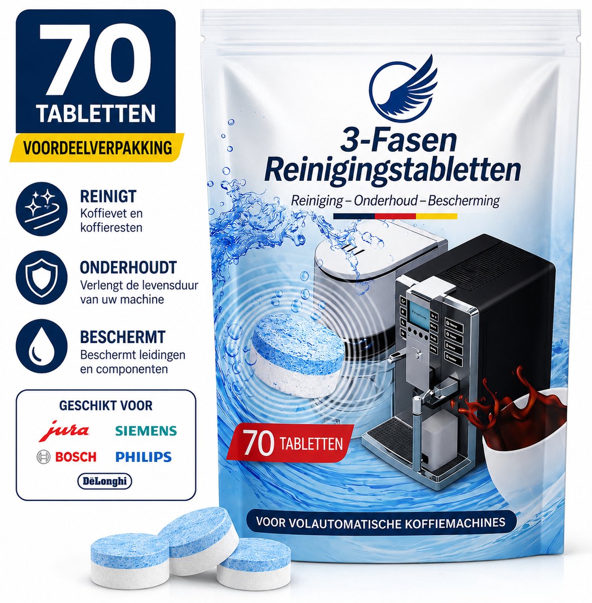 70 Reinigings tabletten Koffiemachine – 3.5g 3 Fasen – Extra Sterk - Geschikt voor Jura, Siemens, Bosch, Philips, De’Longhi & Krups — afbeelding 4