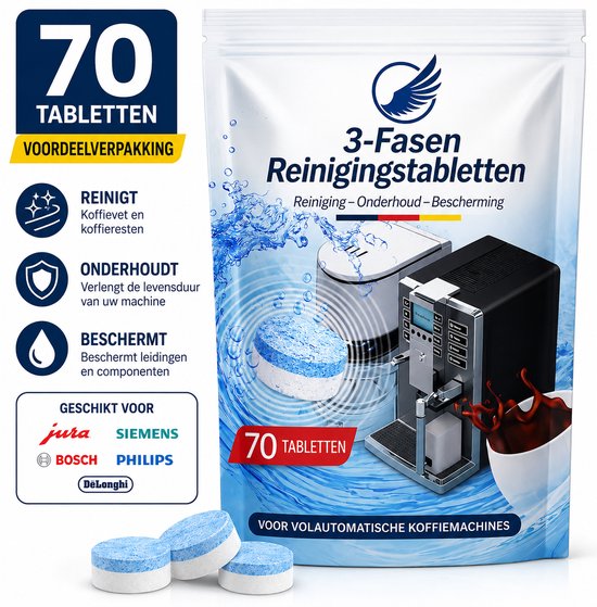 Reinigings tabletten Koffiemachine 70 – 3,5 g – Voor Volautomatische Koffiemachines – Geschikt voor Jura, Siemens, Bosch, Philips, Saeco, De'Longhi & Krups