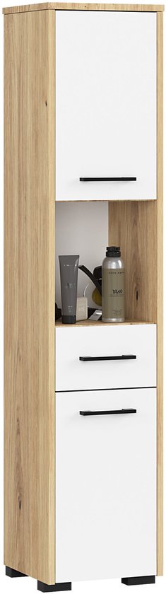 Smalle kolomkast met houten zijkanten en witte fronten. Een open vak bevat toiletartikelen, een lade is open.