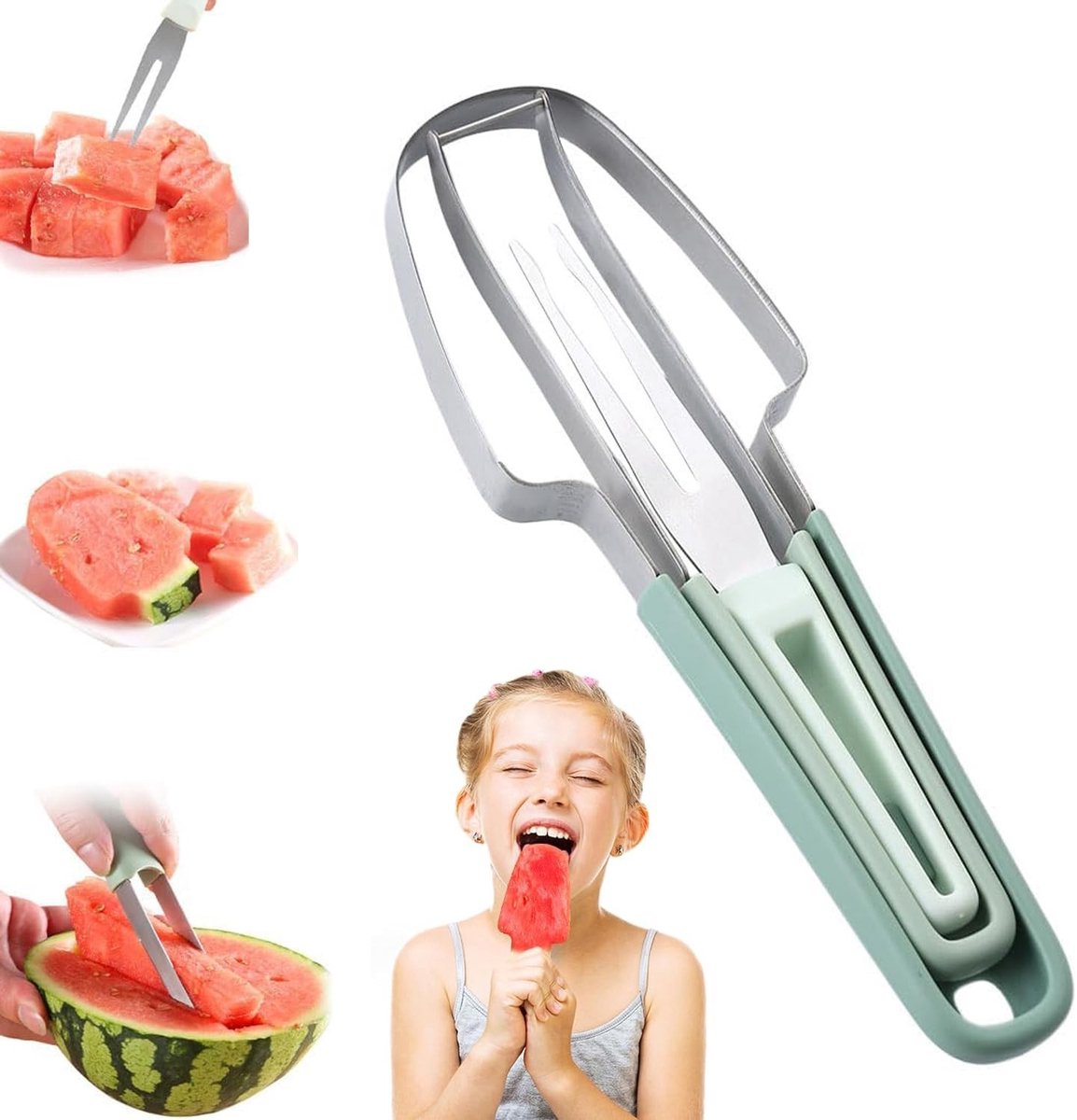 ONF3 - Watermeloen-vorksnijder - Fruit snijgereedschap - Handig en veilig - Groen - Meloenuitsteker - Ideaal voor zomerfruit - Geschikt voor elk...