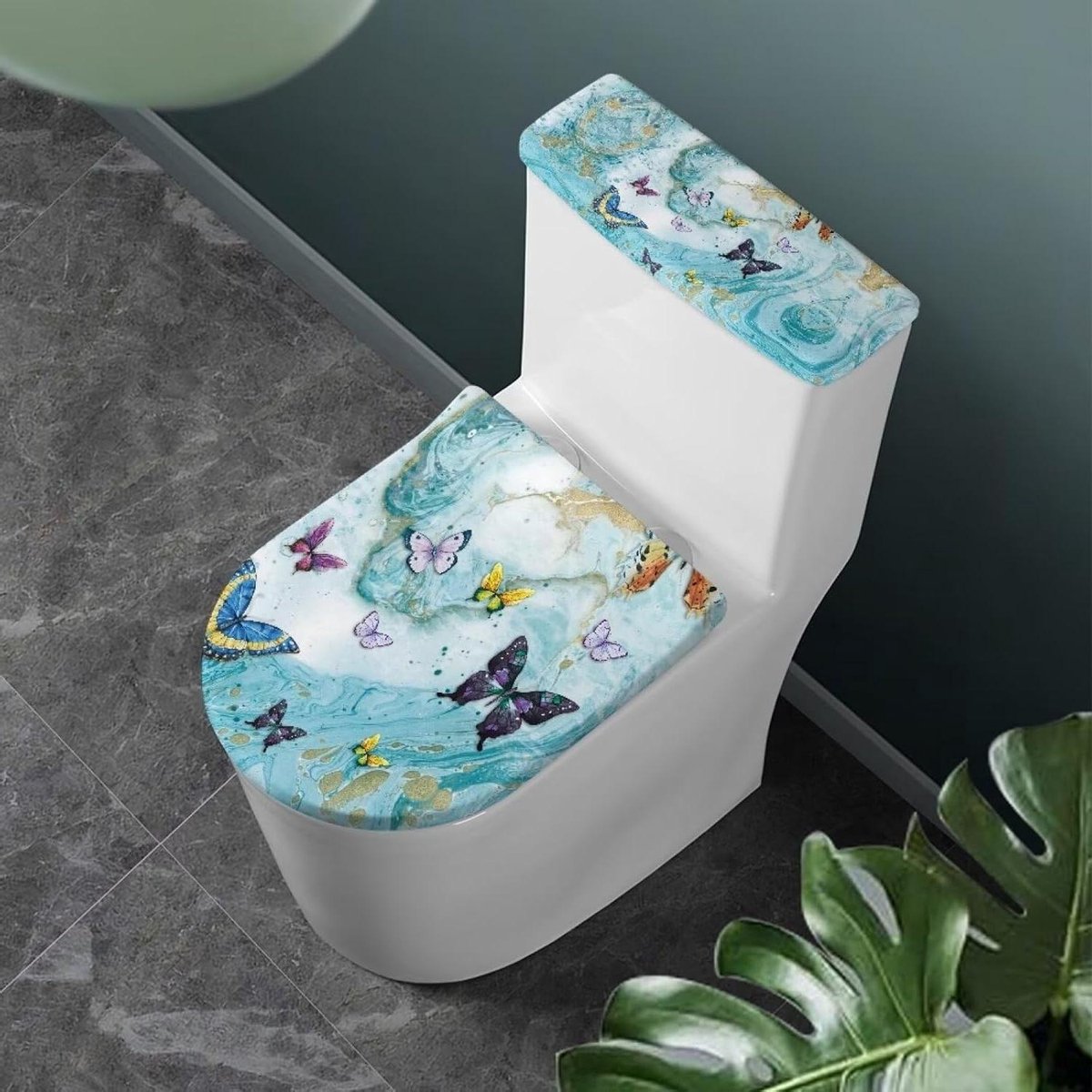 Toiletdeksel Set - WC-brilhoes Reservoirhoes - Badkamer Decoratie - Elastische Pasvorm - Past Meeste Toiletten - Marmer Vlinder