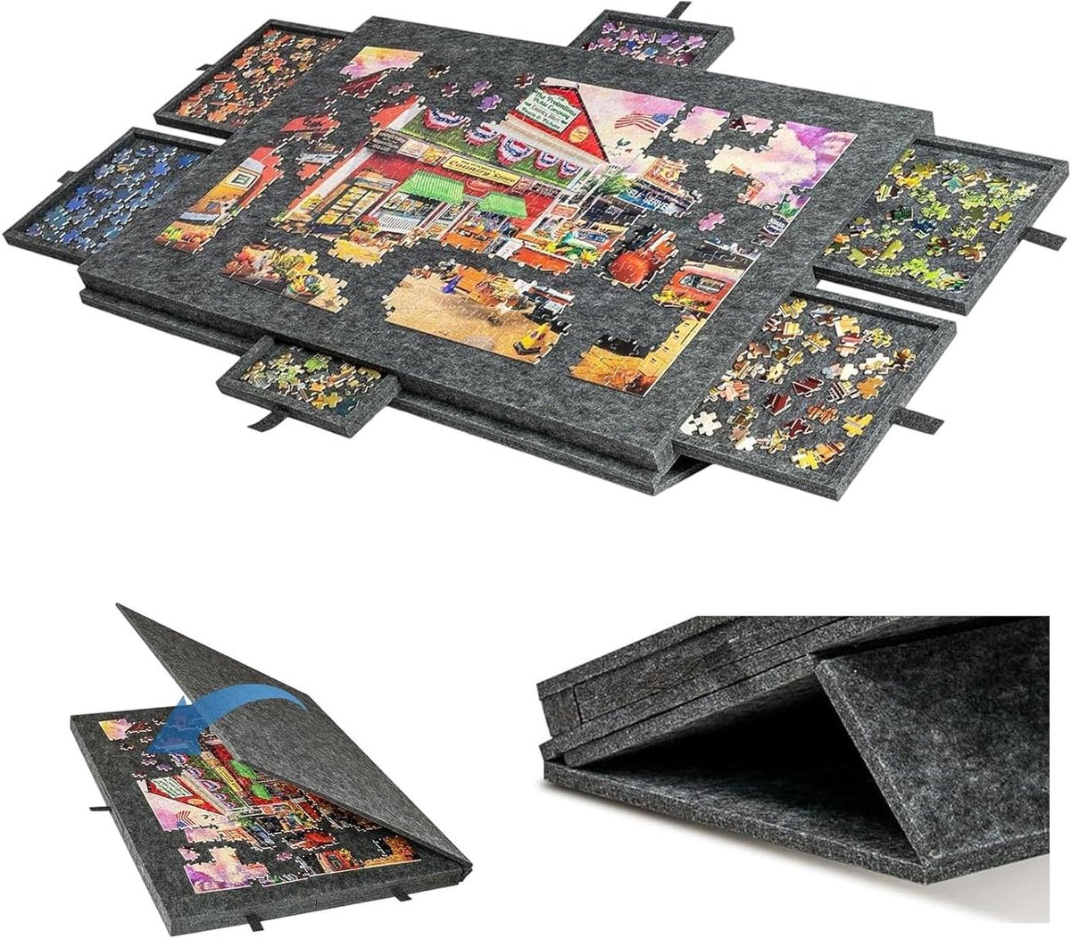 Opvouwbaar Puzzelbord - Puzzeltafel Puzzelmat - Puzzels Leggen - Met 6 Opberglades - 77 x 54 cm - Donkergrijs