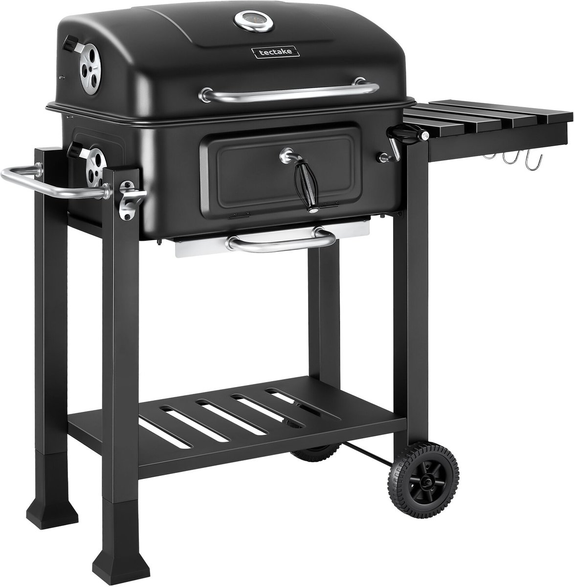 tectake® Houtskool Grill met Thermometer - Smoker op Wielen met Deksel - Barbeque met Opklapbaar Zijrek met Haken - BBQ met in Hoogte Verstelbare Houtskoolbak - Mobiele Grillwagen - Met Aslade en Ventilatieschuiven - Rooster