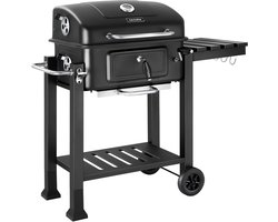 tectake® Houtskool Grill met Thermometer - Smoker op Wielen met Deksel - Barbeque met Opklapbaar Zijrek met Haken - BBQ met in Hoogte Verstelbare Houtskoolbak - Mobiele Grillwagen - Met Aslade en Ventilatieschuiven - Rooster