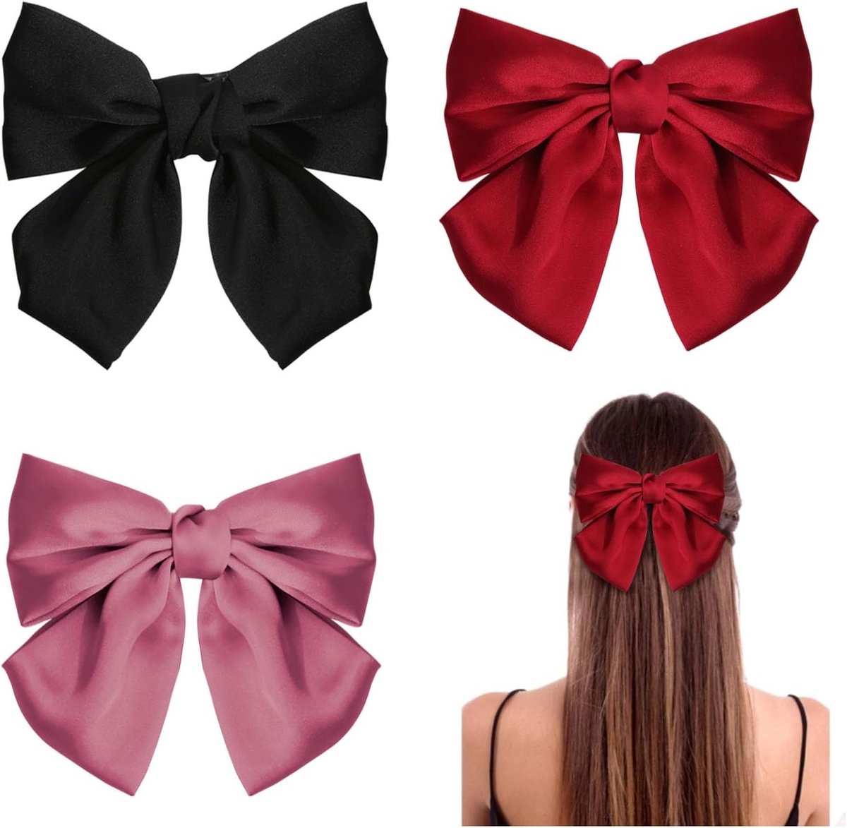 Haarstrikjes van zachte satijn voor vrouwen en meisjes, set van 3 in zwart, rood en roze, perfect voor elke gelegenheid