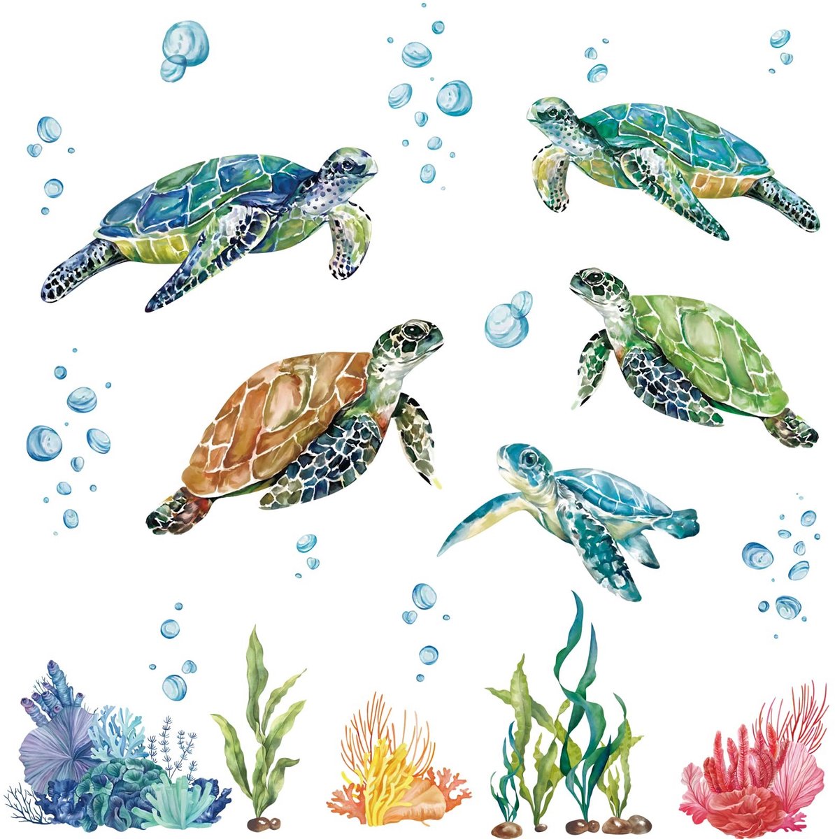 aladdien - Zee Schildpadden Muurstickers - Onder de Zee - Wanddecoratie voor Kinderen - Dieren Thema - Koraal en Zeewier - Geschikt voor Babykamer e...