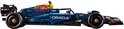 LEGO Technic Oracle Red Bull Racing F1 auto in donkerblauw met gele en rode accenten, zijaanzicht.