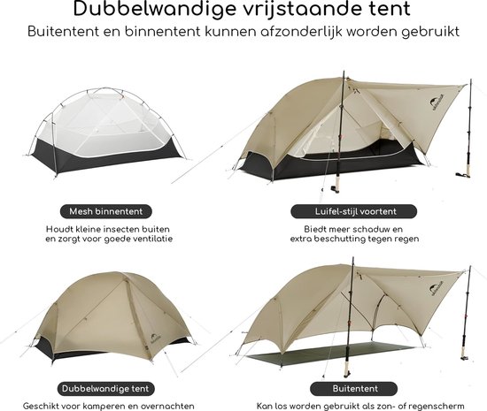 Naturehike Mongar UL 1 - 1-persoons ultralichtgewicht tent - Incl. grondzeil - 15D 1500MM - 3-seizoenen koepeltent - Waterdichte trekkerstent & kampeer tent - Maanzand van Naturehike — afbeelding 5