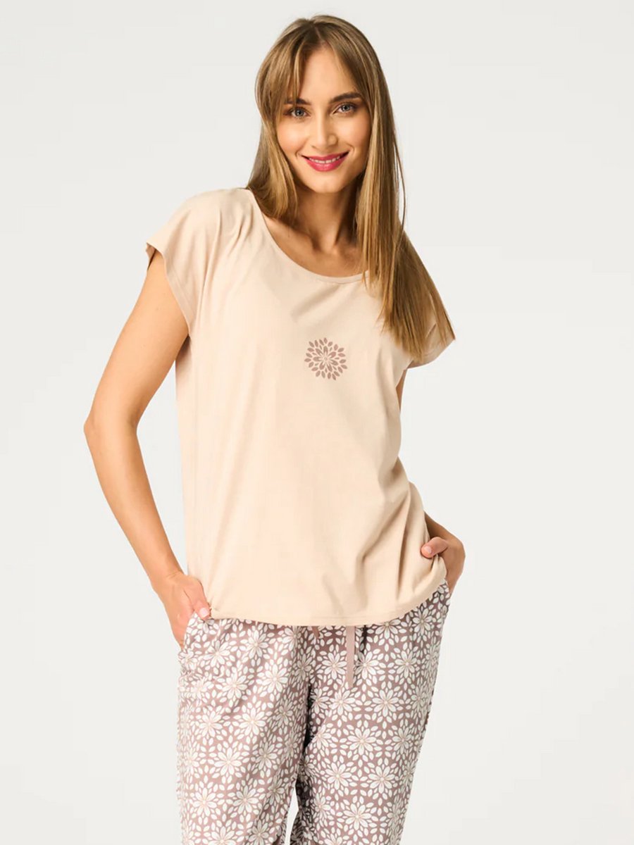 Key Katoenen Dames Pyjama Korte Mouw Zomer Print Beige Taupe LNS 735 36 /