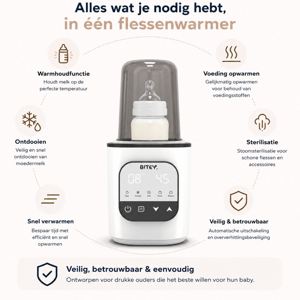 Bitey 9-in-1 Flessenwarmer – Babyfles Verwarmen, Steriliseren, Ontdooien & Warmhouden – Voor Moedermelk, Potjes en Bewaarzakjes thumbnail 3