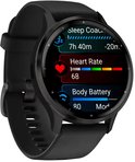 Zwarte smartwatch met een rond AMOLED-scherm dat slaapcoach, hartslag en energiereserves toont.