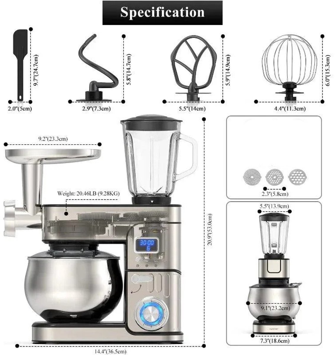Swiss Haus® KM2206BG Keukenmachine 1300W – 6L RVS Mengkom – Keukenrobot met Timer & LED Display – Foodprocessor met Blender 1.5L & Vleesmolen – 6 Snelheden + Pulse – RVS — afbeelding 6