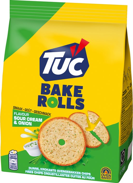 TUC Bake Rolls Zakje Sour Cream & Onion. Oven baked. Dunne, krokante ovengerechten chips.