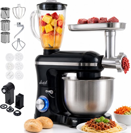 Keukenmachine multifunctioneel 2000W – Keukenrobot – Foodprocessor – Keukenmixer met RVS Mengkom – Incl. 15 Accessoires – Incl. Gehaktmolen en Blender 6.2L – Zwart – Vivid Green