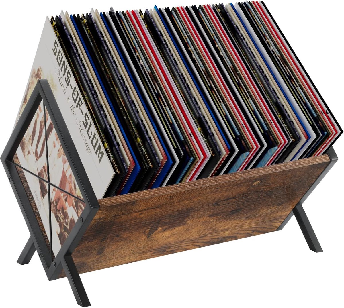LP Platenrek voor 80-100 Vinylplaten – Vinyl Record Holder met Metalen Frame & Houten Blad – Retro Vinyl Opbergrek – Industriële Platenstandaard voor LP’s, CD’s, Boeken en Tijdschriften