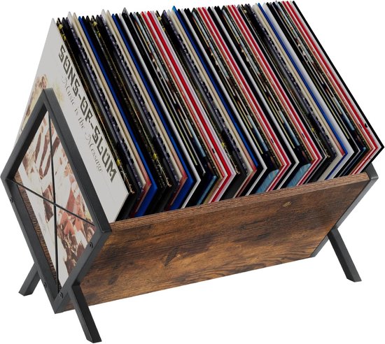 LP Platenrek voor 80-100 Vinylplaten – Vinyl Record Holder met Metalen Frame & Houten Blad – Retro Vinyl Opbergrek – Industriële Platenstandaard voor LP’s, CD’s, Boeken en Tijdschriften