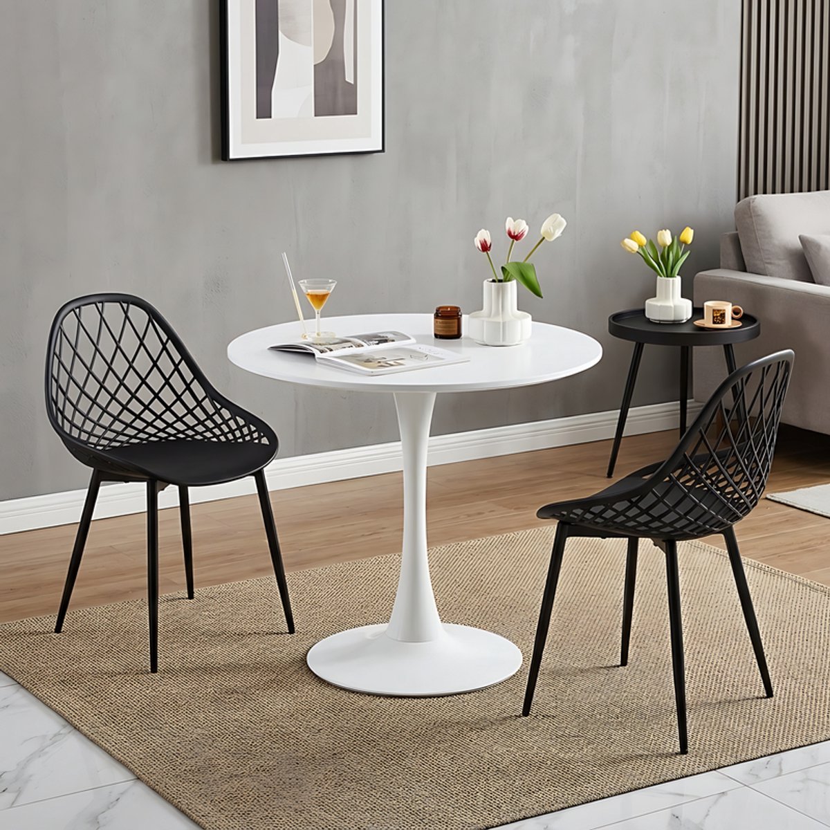 EGGREE Combinatieset: 3-delige tafel- en stoelenset + Ronde Witte eettafel - Salontafel bijzettafel - Geschikt voor woonkamer, slaapkamer, lounge, eetkamer en kantoor - 70 x 70 x 73 cm zwart