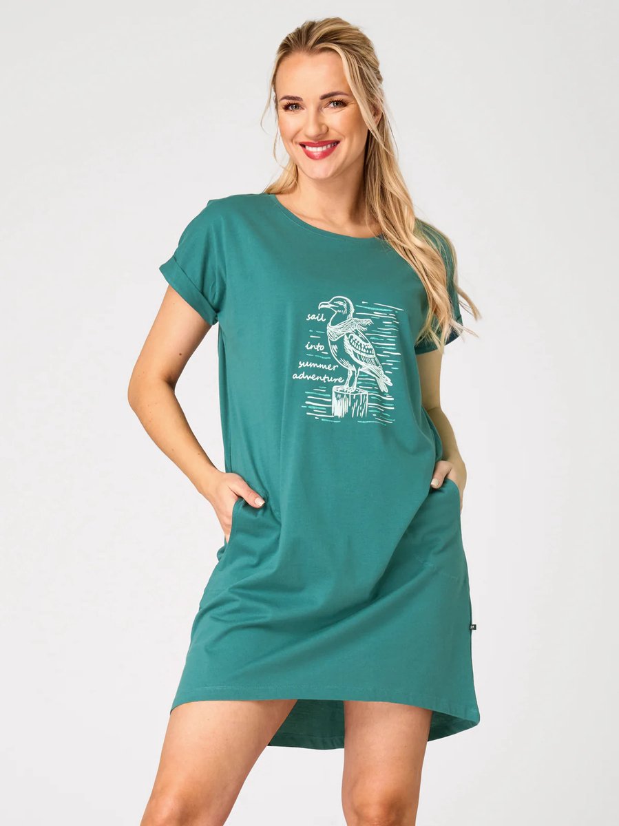 Key Katoenen Dames Nachthemd Korte Mouw Zomer Print Petrol LND 741 38 / Turquoise