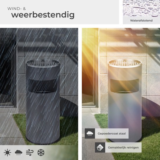 Afbeeldingen die de grijze staande asbak tonen in regenachtig en zonnig weer, met tekst over wind- en weerbestendigheid.