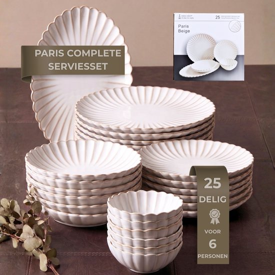 OZ Home Bricard Paris Beige Service de table - Porcelaine - 25 pièces - 6 personnes - Passe au lave-vaisselle, au micro-ondes et au four