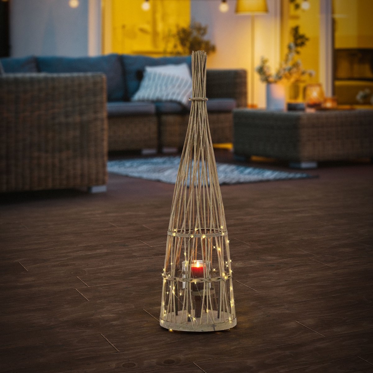 ECD Germany Bamboe lantaarn decoratieve houten windlicht serie grote kaarsenhouder van 91 cm hoog, sfeervolle led lichtketting met glazen inzetstuk luxe boho stijl tuinlantaarn gevlochten look moderne decoratie voor binnen buiten terras en woonkamer — cadeau in Wonen & Interieur - foto 5