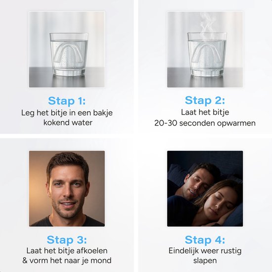 Vier stappen: 1. Bitje in kokend water. 2. Bitje 20-30 sec. opwarmen. 3. Bitje afkoelen en vormen. 4. Rustig slapen.