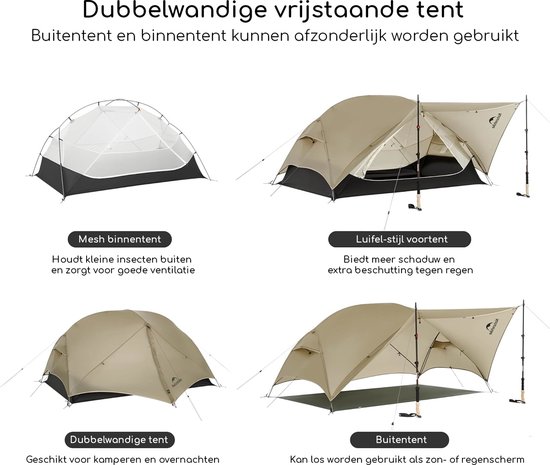 Naturehike Mongar UL 2 - 2-persoons ultralichtgewicht tent - Incl. grondzeil - 15D 1500MM - 3-seizoenen koepeltent - Waterdichte trekkerstent & kampeer tent - Maanzand van Naturehike — afbeelding 5