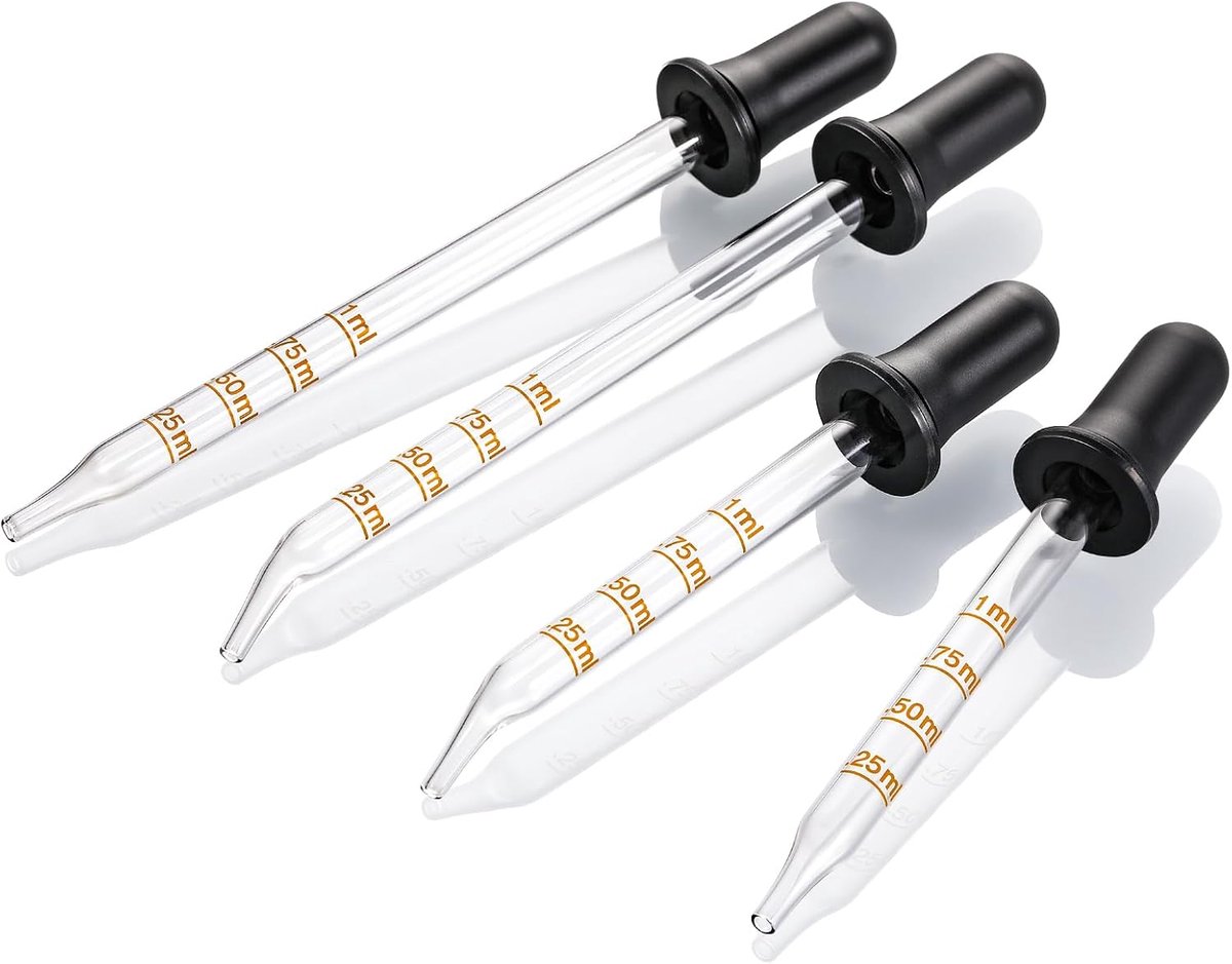 BOTC Glazen Pipetten 1ml 4 stuks - Gegradueerde Droppers met Rechte & Gebogen Tip - Herbruikbare Druppelaars voor Olie, Oogzorg