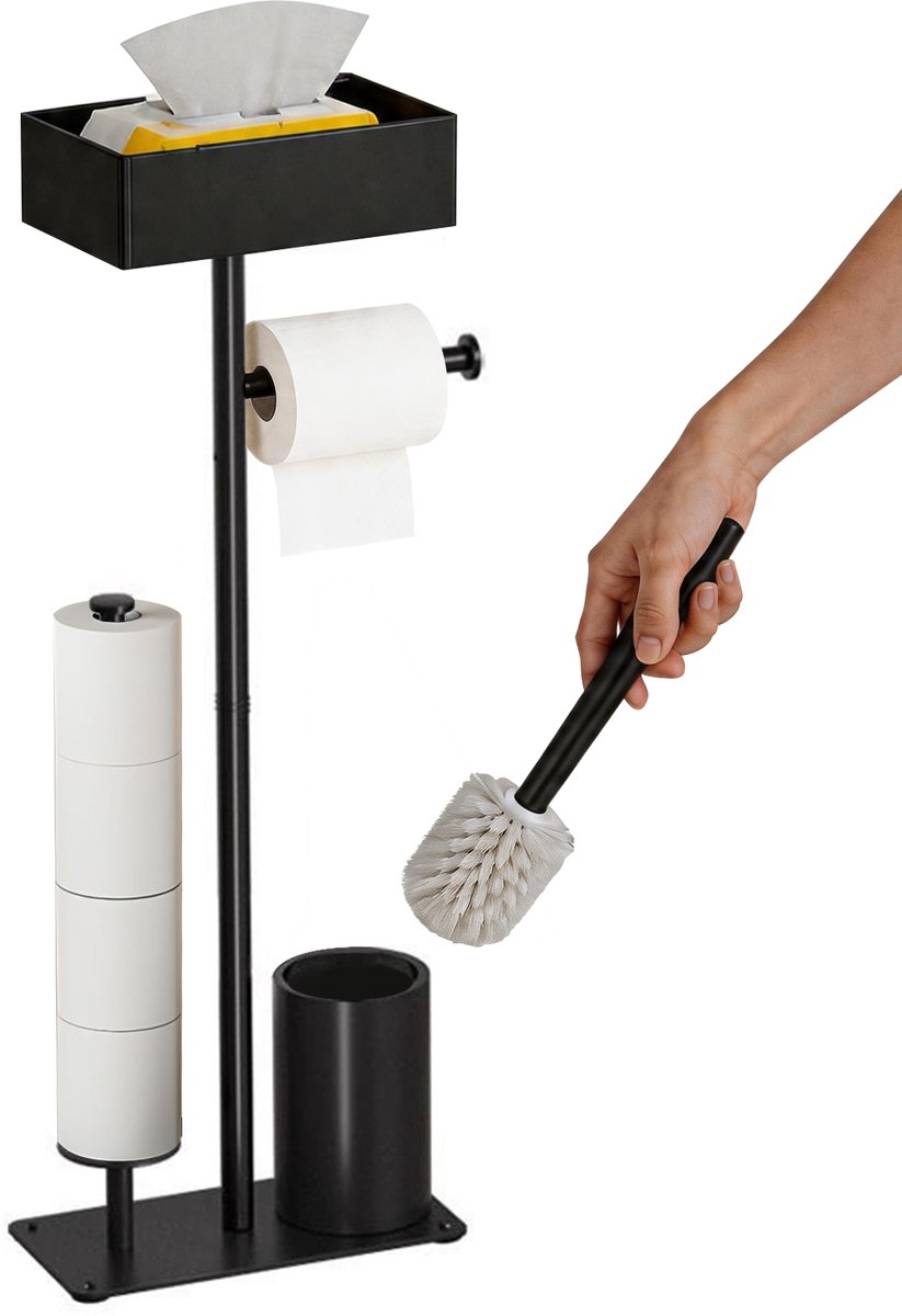 WC Rolhouder - Vrijstaande Toiletborstelhouder met Toiletpapierhouder – Nordic Design – Verdikt Koolstofstaal – Zwart