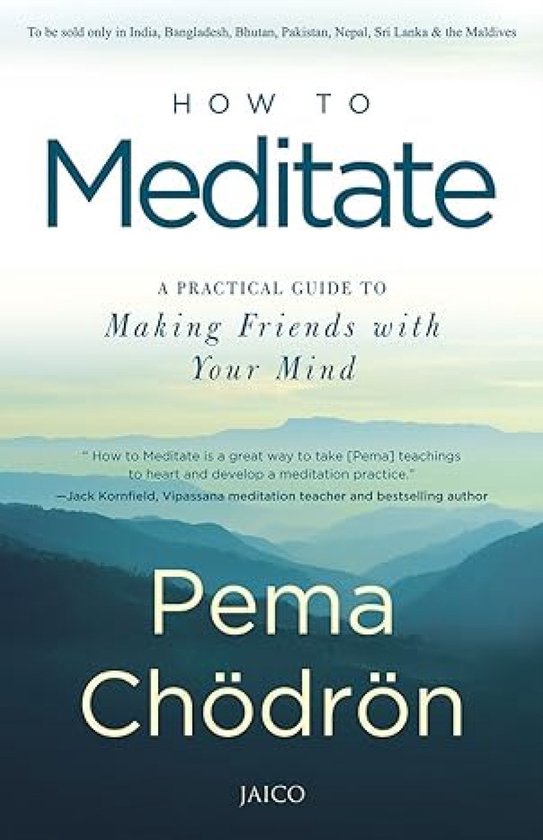 Boek 'How to Meditate', een praktische gids om vrienden te maken met je geest. Met een serene achtergrond van bergen en mist.