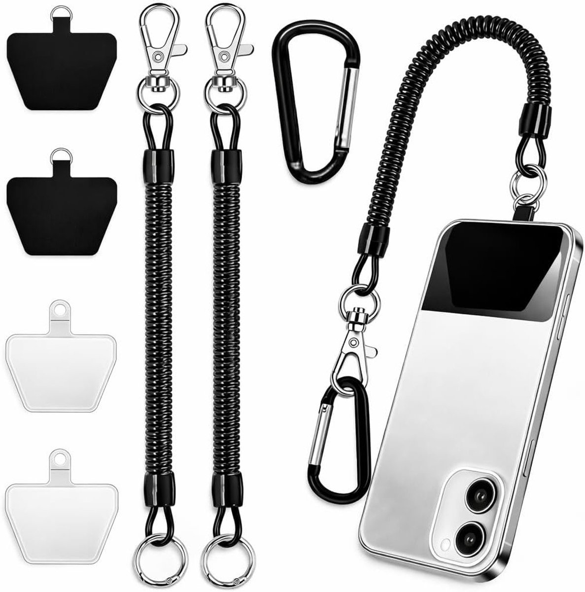 2-delige elastische telefoonkoordenset – Anti-diefstal en anti-verlies – Ideaal voor wandelen, klimmen en buitensporten – Geschikt voor smartphones en tablets met bevestigingslipjes