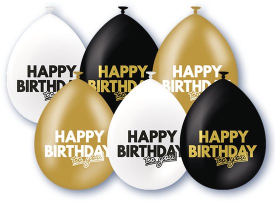 Set van zes ballonnen: twee wit met 'Happy Birthday', twee goud met 'Happy Birthday to you!' en twee zwart met 'Happy Birthday to you!'.