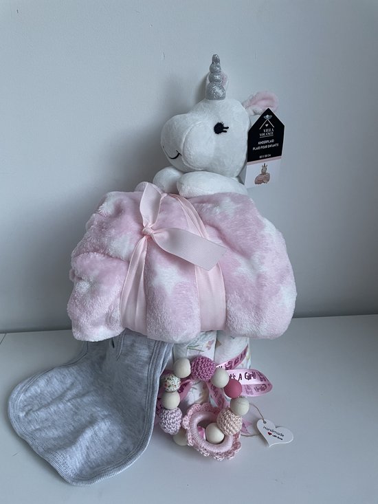 Luiertaart | Meisjes | Unicorn | Handgemaakte bijtring | Knuffel met deken | Slabbetje | Pampers luiers | Kraamcadeau | Babyshower | Maminobaby.nl | — afbeelding 2