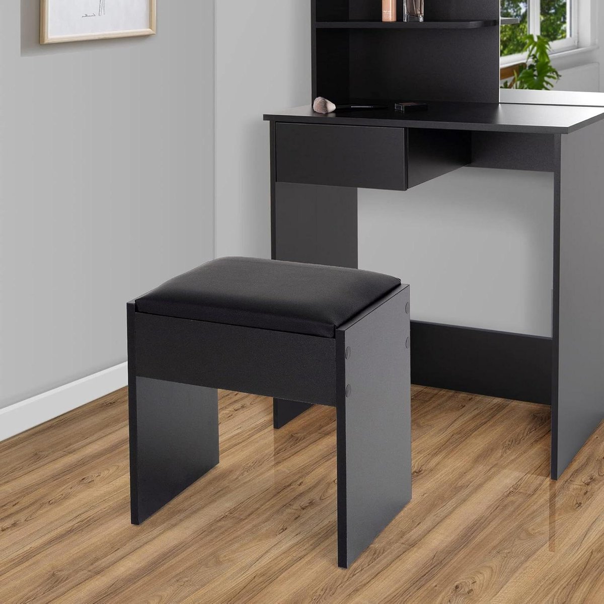 Kaptafel Kruk - Make-up Stoel - Comfortabel Zitten - Gewatteerd Zitvlak - 40x43x29.5 cm - Zwart