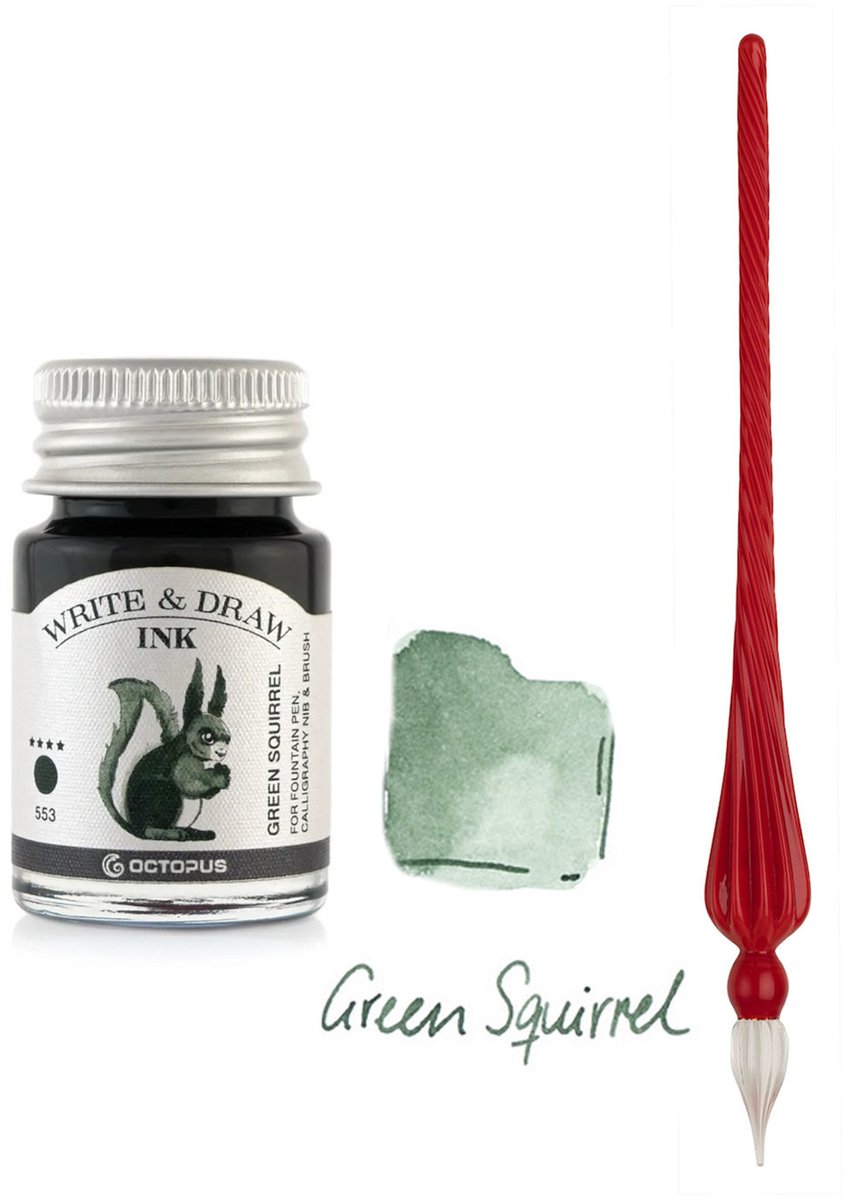 Glazen dip pen set in doosje - Rood - Potje Octopus inkt green squirrel