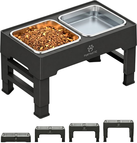 Mangeoire double surélevée en acier inoxydable noir. Montre la mangeoire remplie de nourriture pour chien et un bol vide en acier inoxydable, avec des variantes.