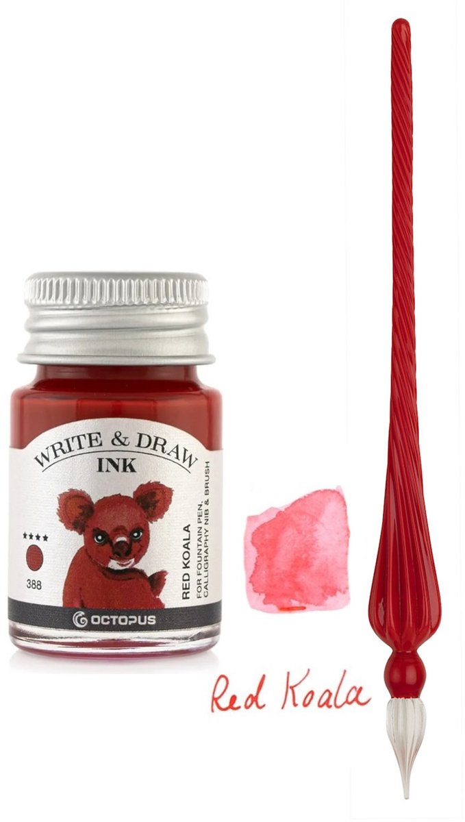 Glazen dip pen set in doosje - Rood - Potje Octopus inkt red koala