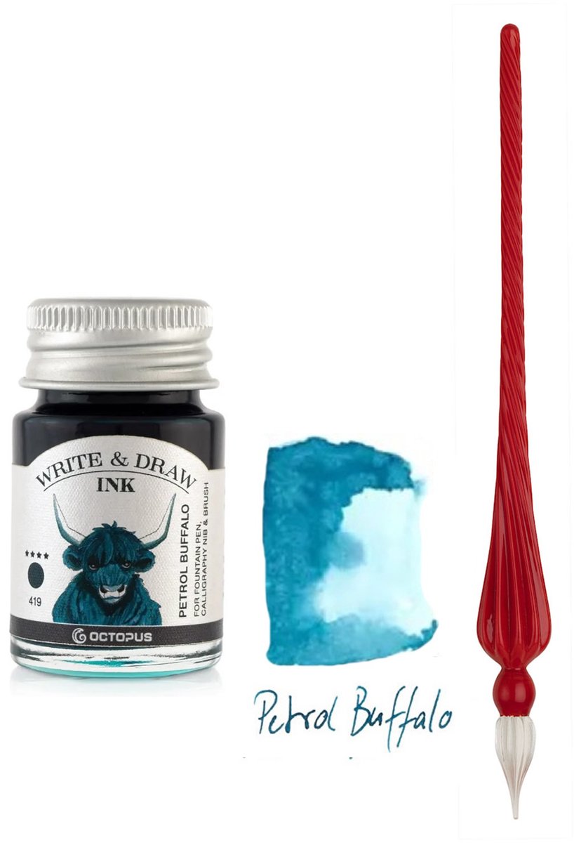 Glazen dip pen set in doosje - Rood - Potje Octopus inkt petrol buffalo