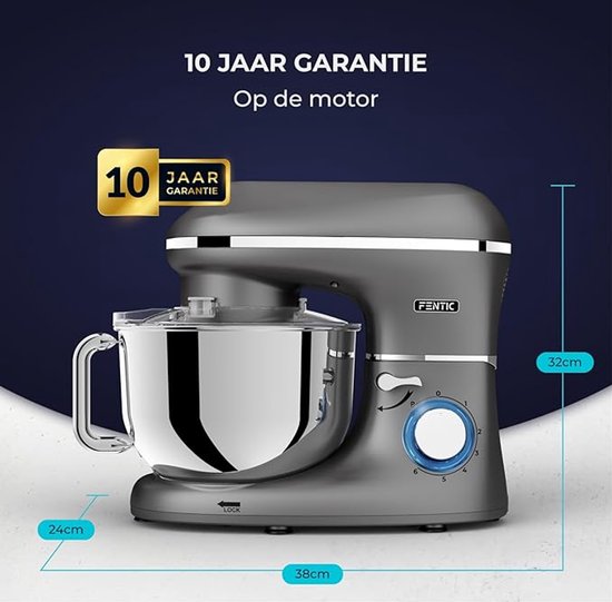 Keukenmachine - Standmixer en Deegmixer 1500 W - RVS Kom 7,8 L - Extra Kom 1,5 L - Instelbare Snelheden (6) + Puls - Deeghaak, Garde, Klopper van Merkloos — afbeelding 5